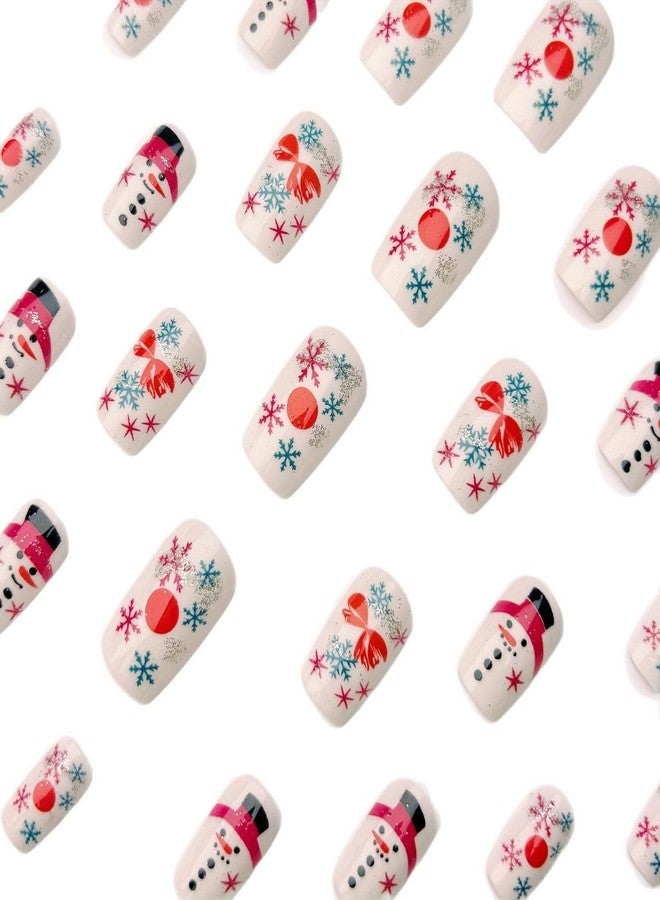 OCOUYVD Christmas Press on Nails Short Square Fake Nails with Snowflake Designs Full Cover Winter Xmas Snowman Acrylic Stick on Nails Silver Glitter False Nails for Women Holidy Manicure Art 24 Pcs - Image 5